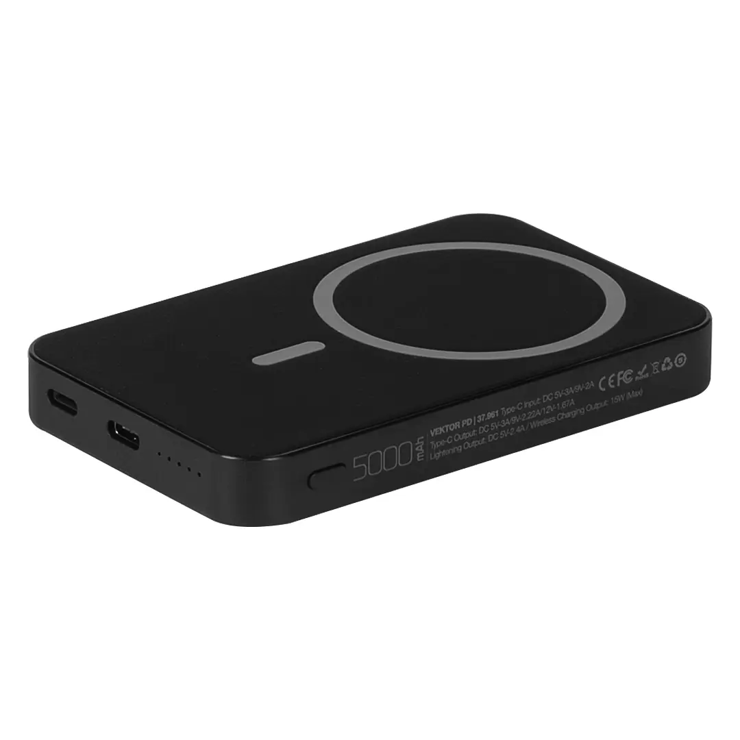 VEKTOR PD - Pomoćna baterija sa magnetom, 5.000 mAh, bežično punjenje, 15W
